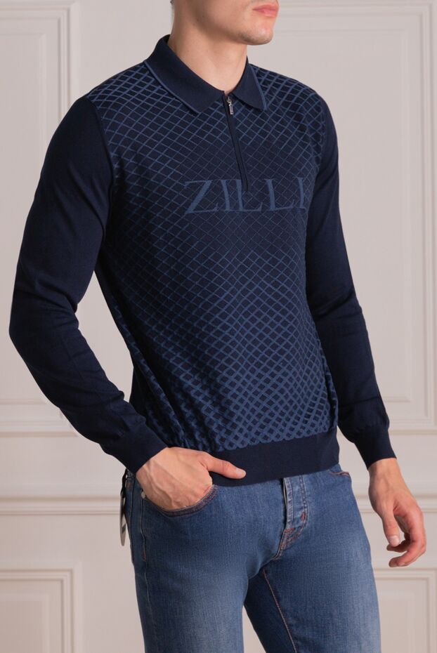 Zilli men's long sleeve dark blue polo shirt with contrasting pattern and logo 153533 - photo 3