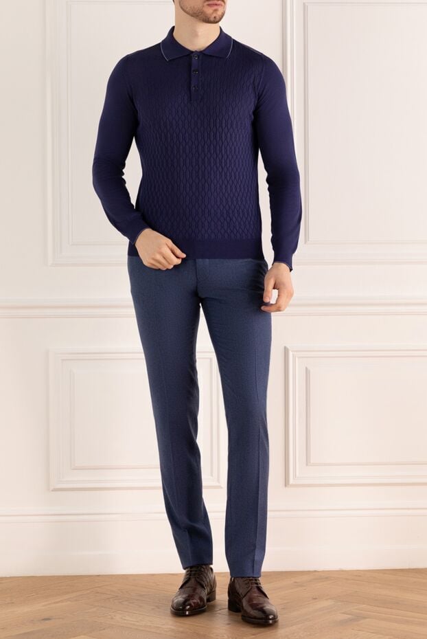 Zilli men's long sleeve dark blue silk polo shirt with textured pattern 153535 - photo 2