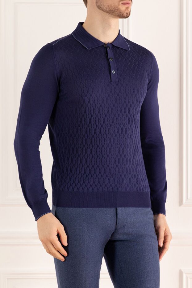 Zilli men's long sleeve dark blue silk polo shirt with textured pattern 153535 - photo 3
