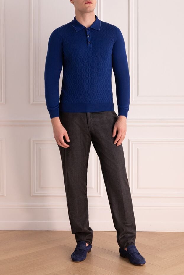 Zilli men's long sleeve blue silk polo shirt with textured pattern 153536 - photo 2