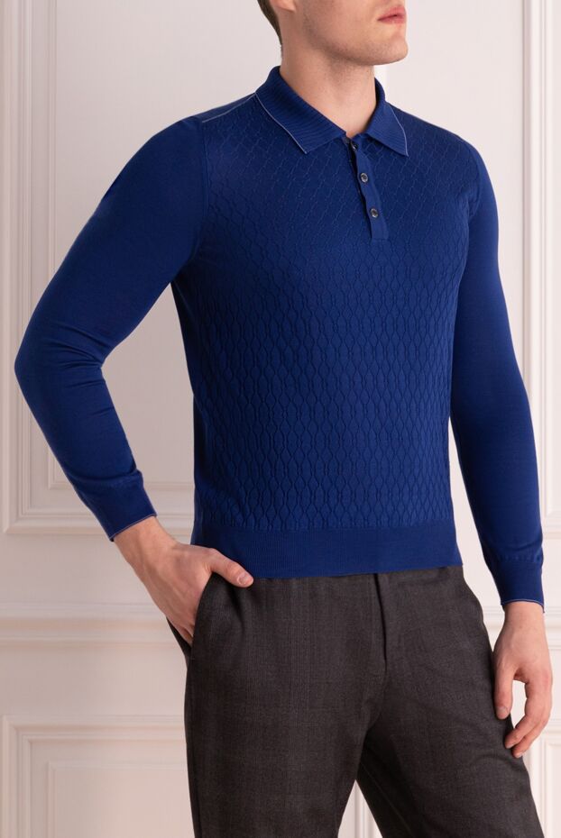 Zilli men's long sleeve blue silk polo shirt with textured pattern 153536 - photo 3