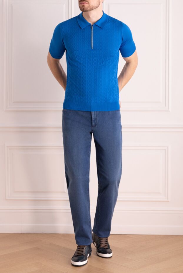 Zilli blue silk polo shirt with a structured relief pattern for men 153557 - photo 3