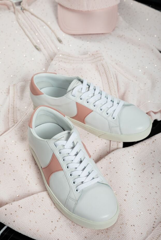 Celine women's leather sneakers with pink inserts in white 153751 - photo 2