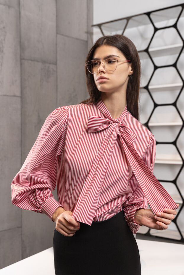 MSGM women's cotton blouse with a striped pattern and bow red 154623 - photo 2