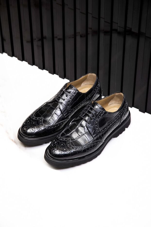 Tardini glossy black wingtip brogue derby shoes made of alligator leather for men 154699 - photo 2