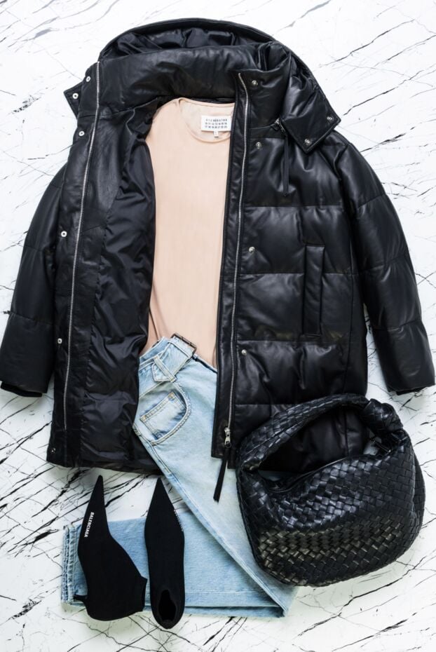 Intuition insulated women's down jacket made of smooth black leather with a zipper and buttons 154723 - photo 2