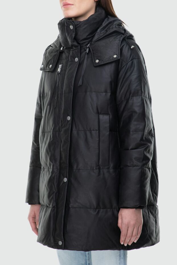 Intuition women's black leather down jacket with a high collar and hood 154724 - photo 3