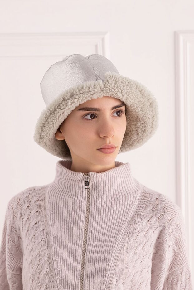 FG Furs panama hat for women gray with leather and white fur 154865 - photo 2
