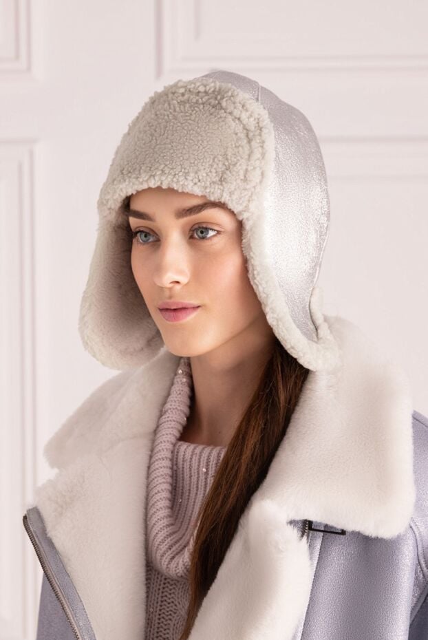 FG Furs women's earflap hat made of silver leather and white fur 154866 - photo 2