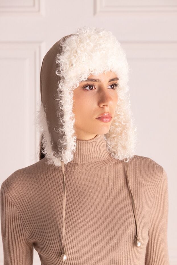 FG Furs beige beanie hat with curly white fur 154868 - photo 2