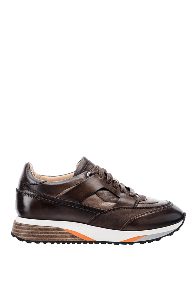 Santoni dark brown leather sneakers with a voluminous sole and an orange element on the side 155233 - photo 1