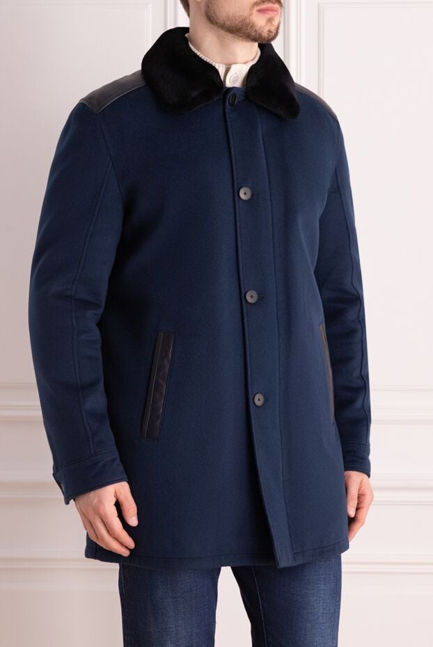 Torras blue cashmere coat with fur collar and leather inserts 155274 - photo 3