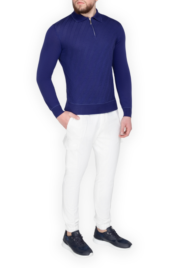 Stefano Ricci blue long sleeve polo shirt with chevron pattern in silk and cashmere 155774 - photo 2