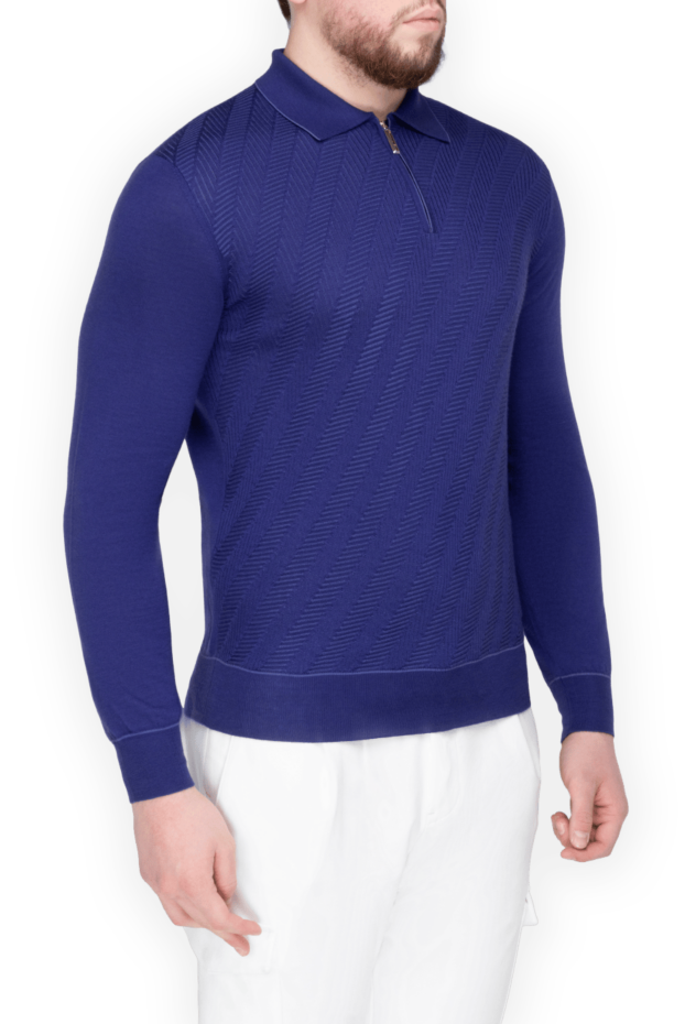 Stefano Ricci blue long sleeve polo shirt with chevron pattern in silk and cashmere 155774 - photo 3