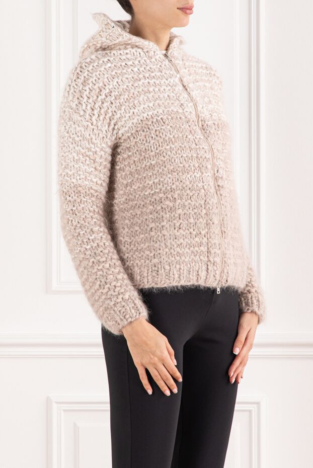 Panicale light beige womens knitted zip-up cardigan with a hood and fur 155818 - photo 3