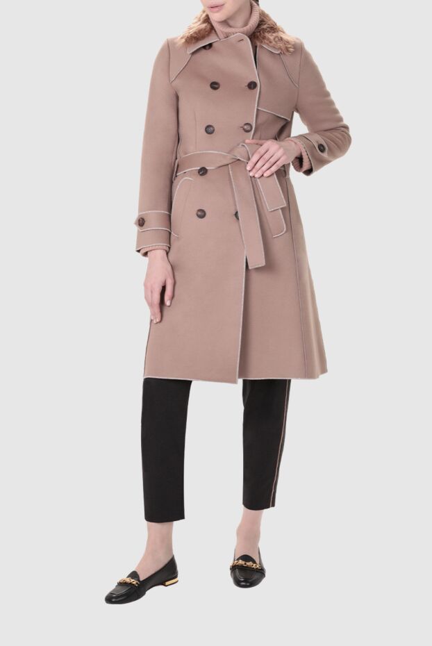 Panicale women's wool and cashmere coat with fur collar in beige 155821 - photo 3