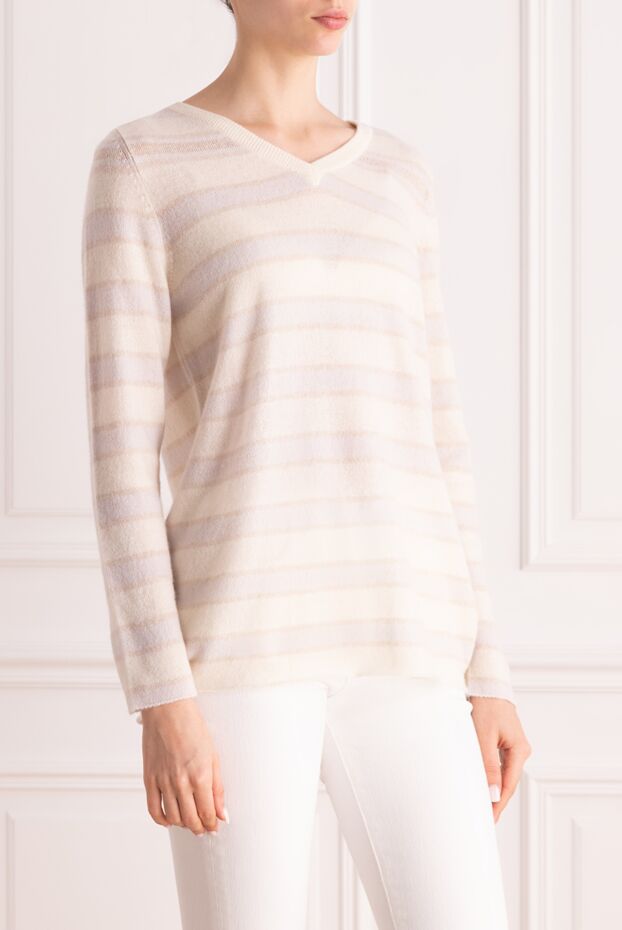 Panicale light pink womens cashmere jumper with white stripes 156017 - photo 3