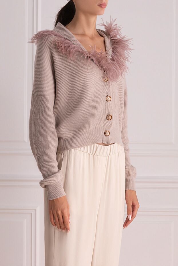 Rocco Ragni beige women's cropped cardigan with textured knit and feather trim 156090 - photo 3