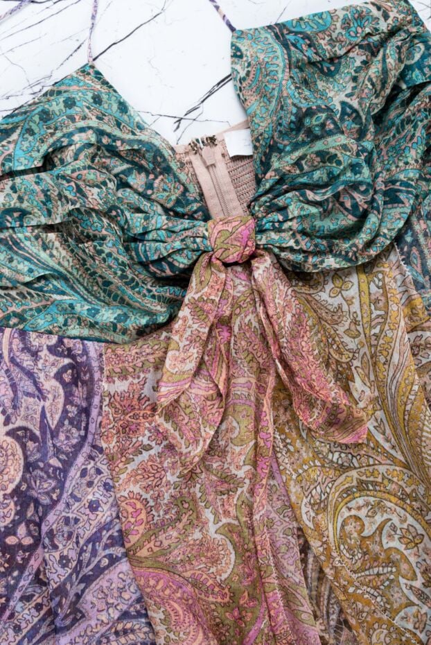 Multicolor silk dress with asymmetrical cut and bow - photo 2