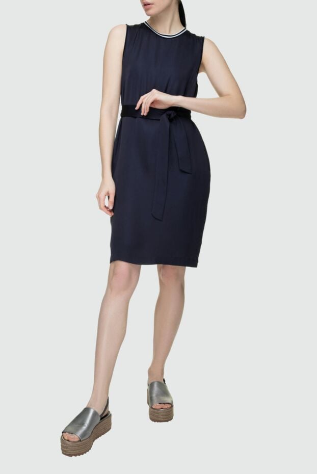 Peserico blue fitted dress with belt and contrasting neckline for women 157084 - photo 2