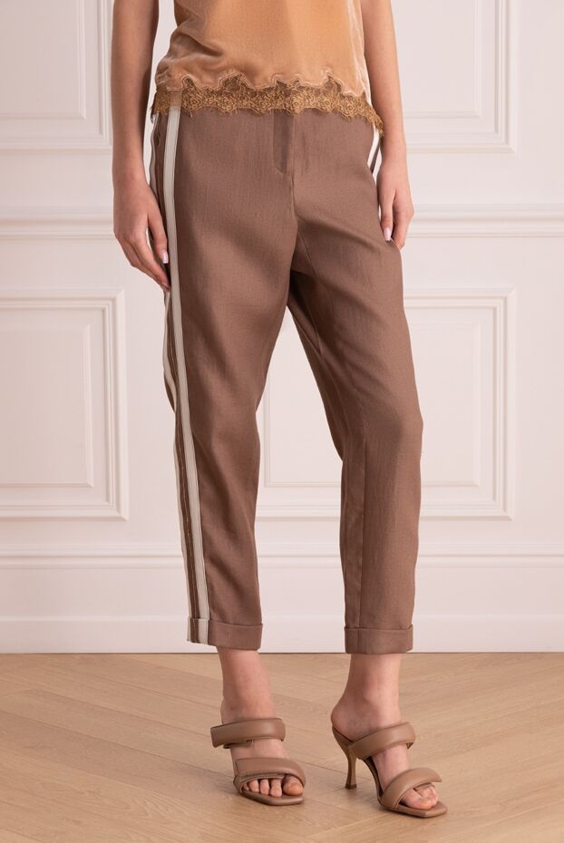 Peserico women's linen brown pants with white side stripes 157555 - photo 3