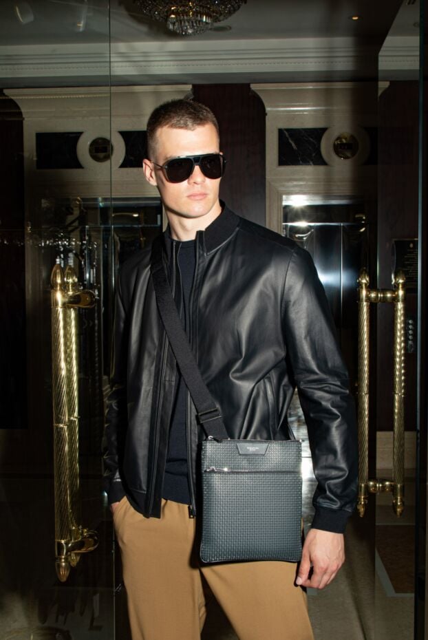 Mens black textured leather bomber jacket - photo 2
