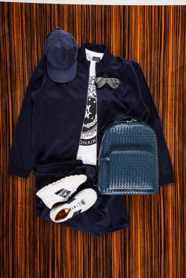 Mens dark blue silk tracksuit with stand-up collar and embroidered logo - photo 2
