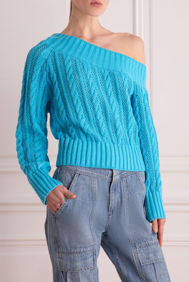 MSGM casual openwork cotton jumper with an asymmetrical neckline and a relief pattern in blue 159680 - photo 3