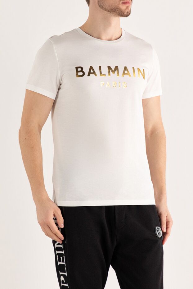Balmain men's crisp white premium cotton t-shirt with gold mirror logo 159800 - photo 3
