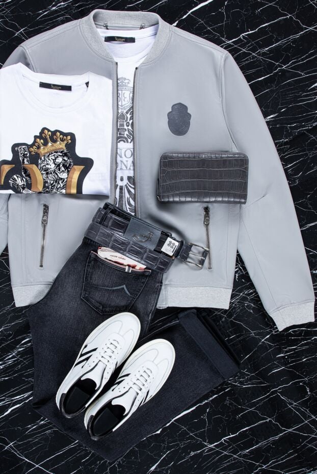 Billionaire mens light gray leather bomber jacket with a logo patch 159991 - photo 2