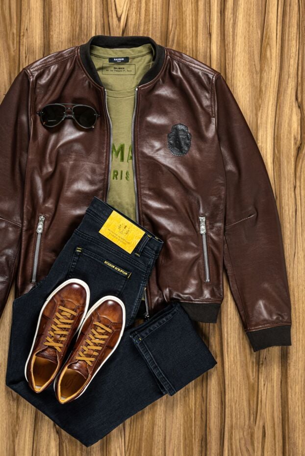 Billionaire mens brown leather bomber jacket with a logo patch 159992 - photo 2