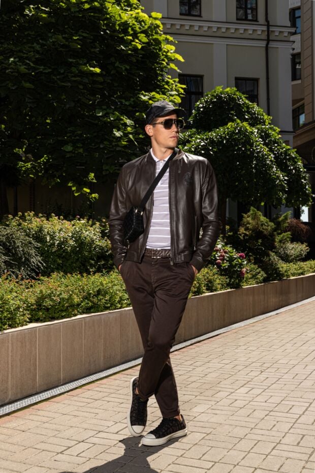 Billionaire mens dark brown leather bomber jacket with a logo patch 159994 - photo 2