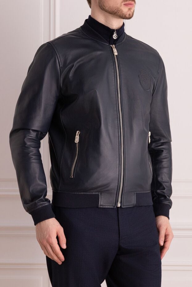 Billionaire mens dark blue leather bomber jacket with a logo patch 159995 - photo 3