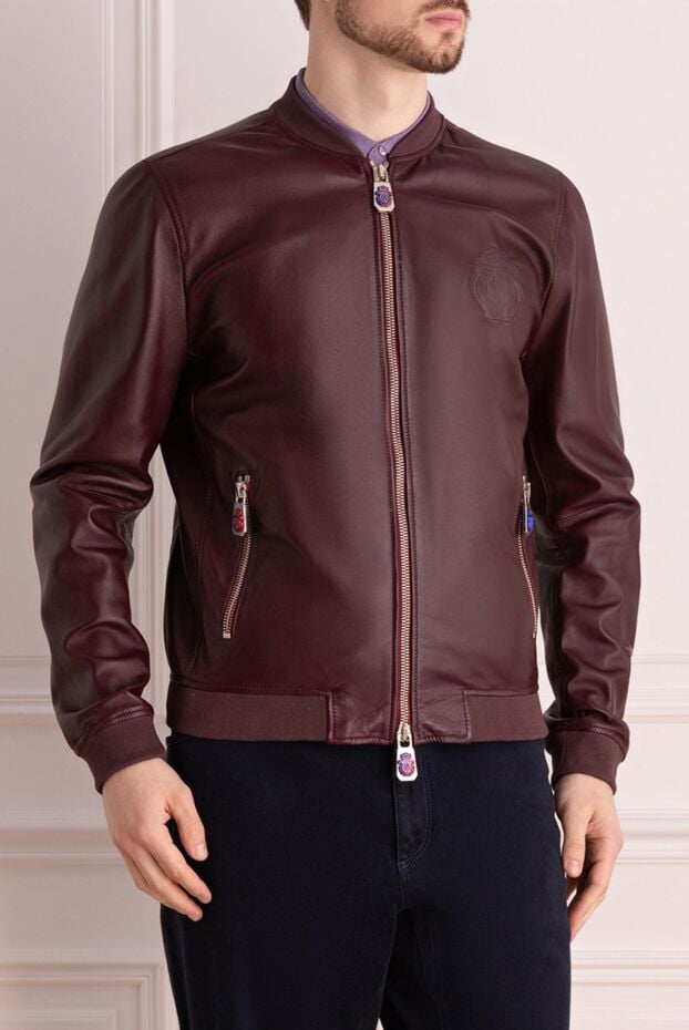 Billionaire mens burgundy leather bomber jacket with a logo patch 159996 - photo 3