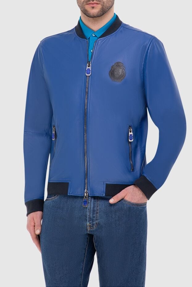 Billionaire mens bright blue leather bomber jacket with a logo patch 159997 - photo 3
