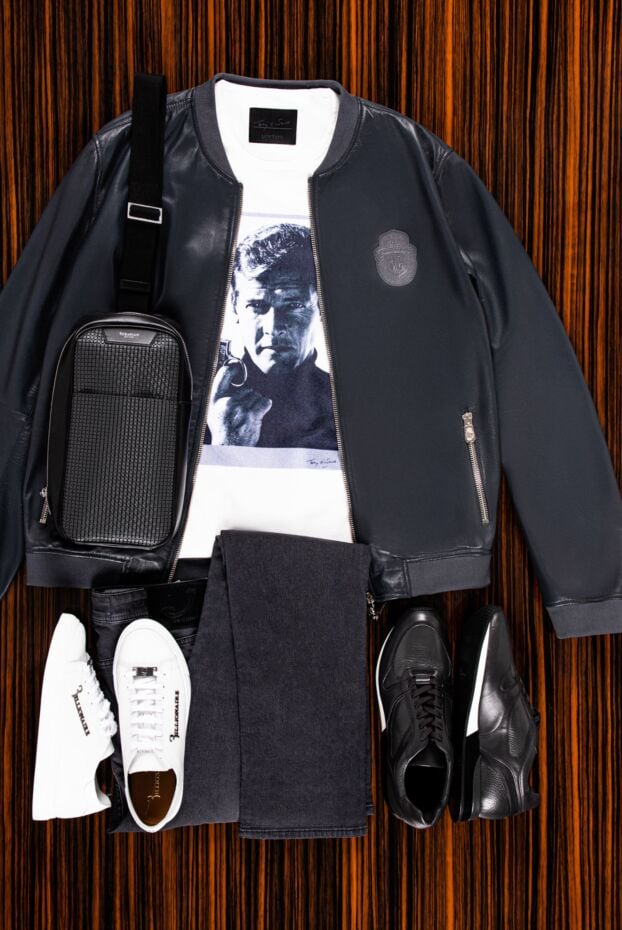 Billionaire mens dark gray leather bomber jacket with a logo patch 159998 - photo 2
