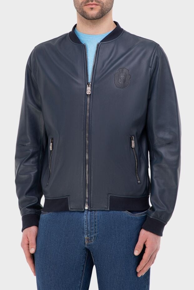 Billionaire mens blue leather bomber jacket with a logo patch 159999 - photo 3