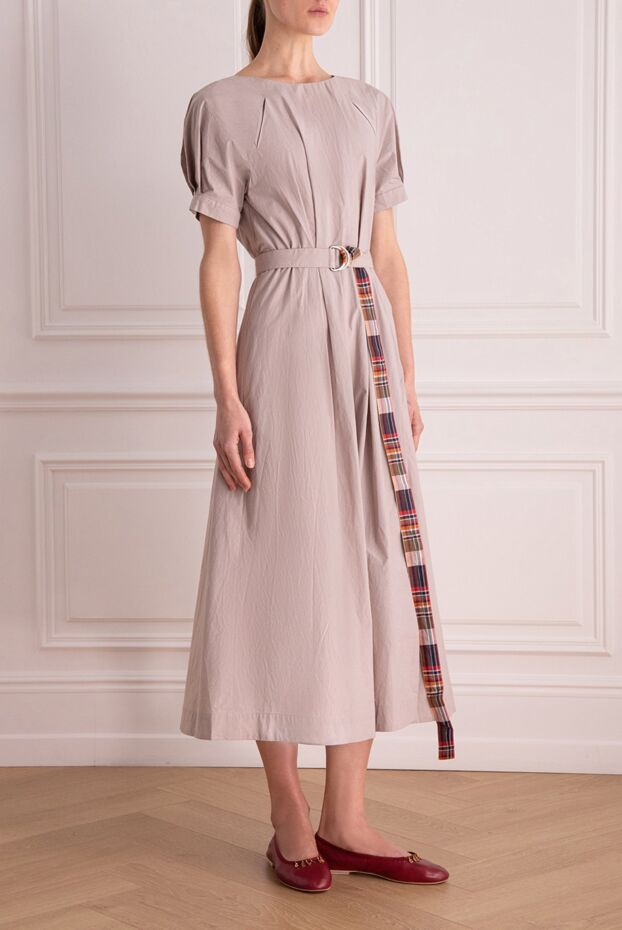 Re Vera beige cotton dress with decorative checkered ribbon and fitted silhouette 160154 - photo 3