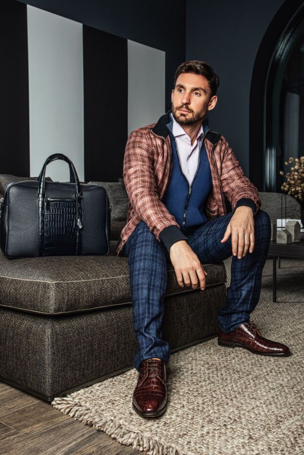 Cesare di Napoli портфель зі шкіри крокодали синій з фактурною бічною кишенею чоловічий 160249 - фото 2
