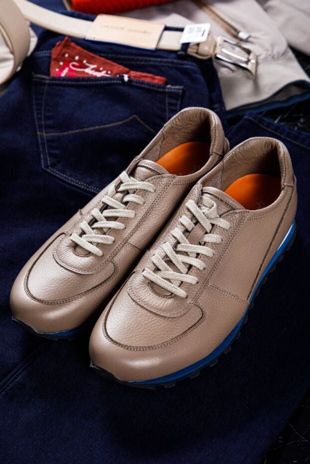 Andrea Ventura beige leather sneakers with a blue embossed sole 160423 - photo 2