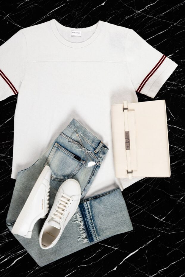 Saint Laurent white cotton womens t-shirt with lame ribbons 160816 - photo 2