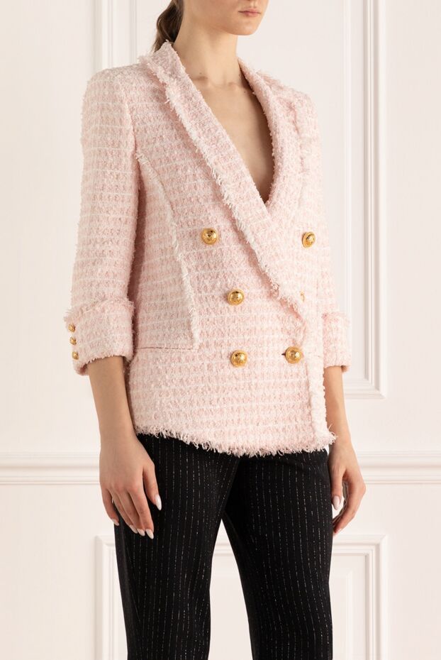 Balmain cropped tweed jacket pink with textured texture and pockets 161618 - photo 3