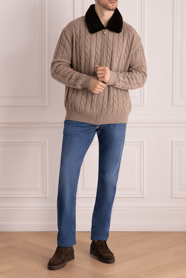Tombolini men's wool cardigan with a braid pattern and a fur collar 161714 - photo 2