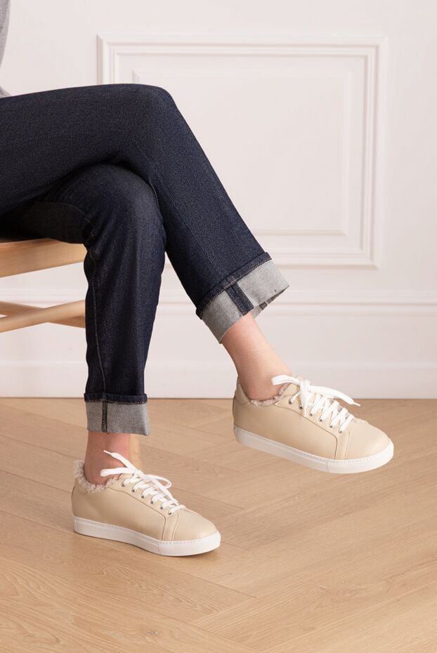 Lisa Conte women's leather and fur sneakers in beige 161789 - photo 2