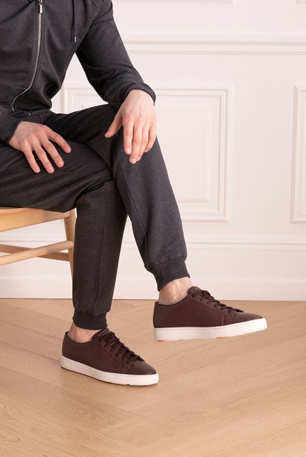 Santoni burgundy leather sneakers with grain texture and white sole 161950 - photo 2