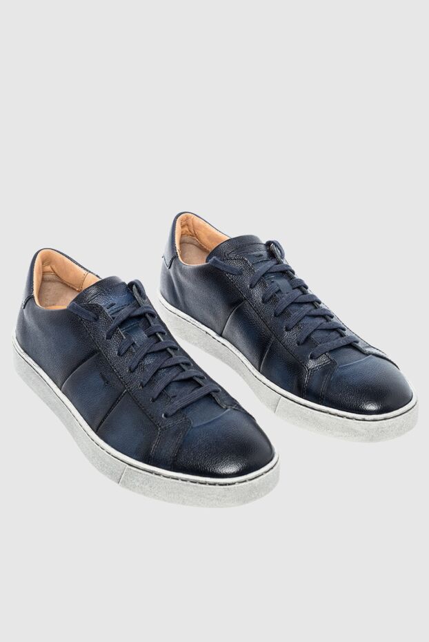 Santoni dark blue leather sneakers with grained texture and light sole 161956 - photo 3