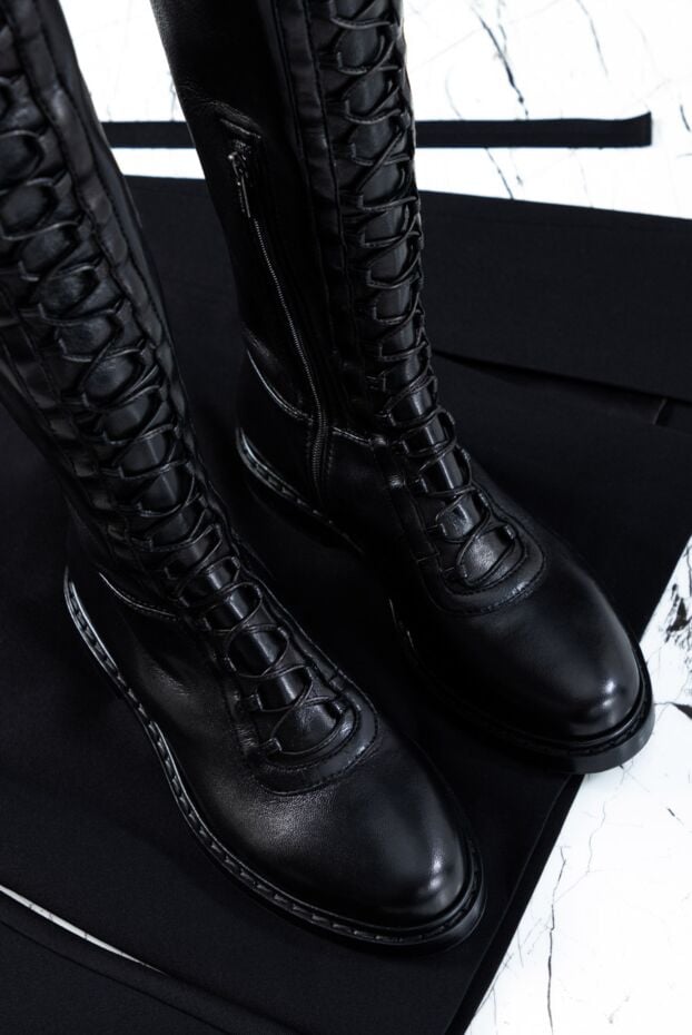Thigh-high boots women's leather high with lacing black - photo 2