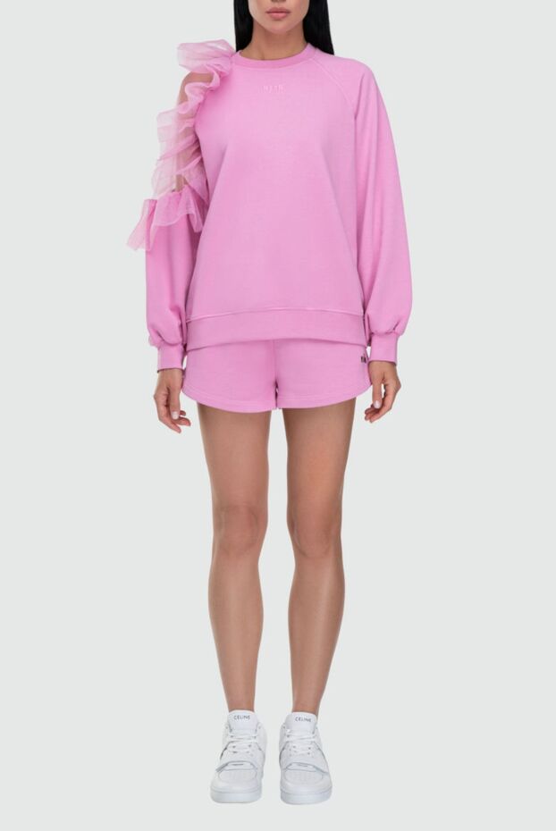 MSGM women's cotton suit pink with sweatshirt and shortswith torn shoulder with tulle frill 162298 - photo 2