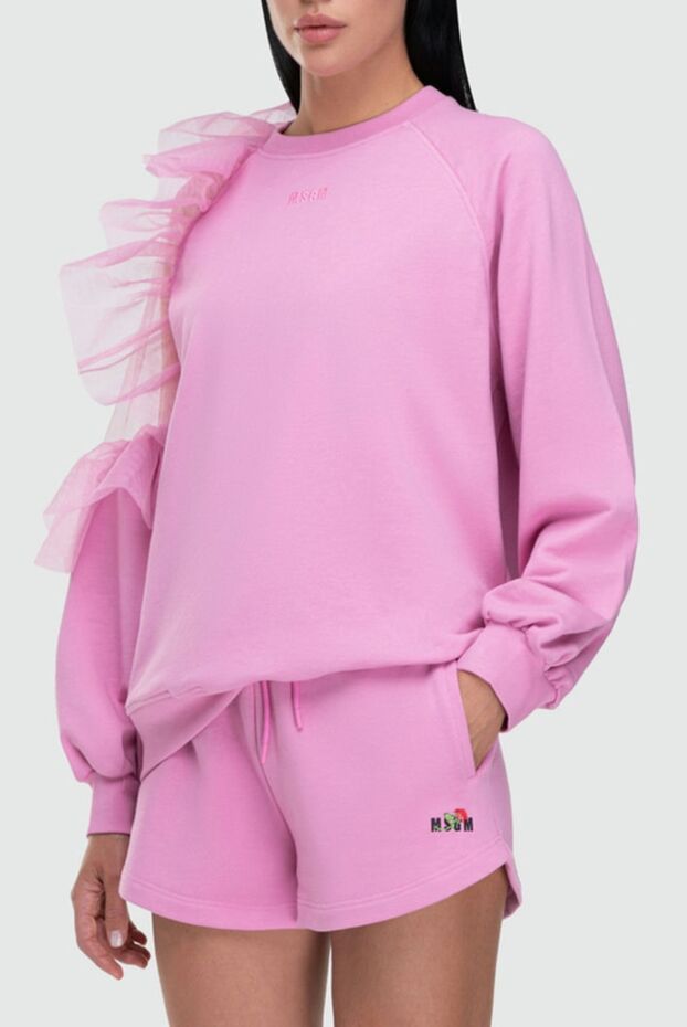 MSGM women's cotton suit pink with sweatshirt and shortswith torn shoulder with tulle frill 162298 - photo 3