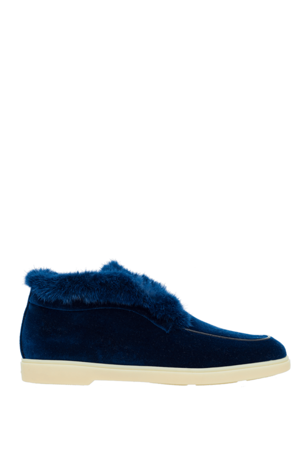 Santoni лоферы женские из велюра и меха синие 162379 - фото 1